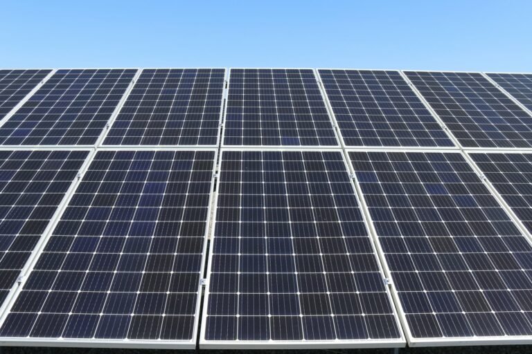 Bright blue solar panels in daylight powering agricultural equipment