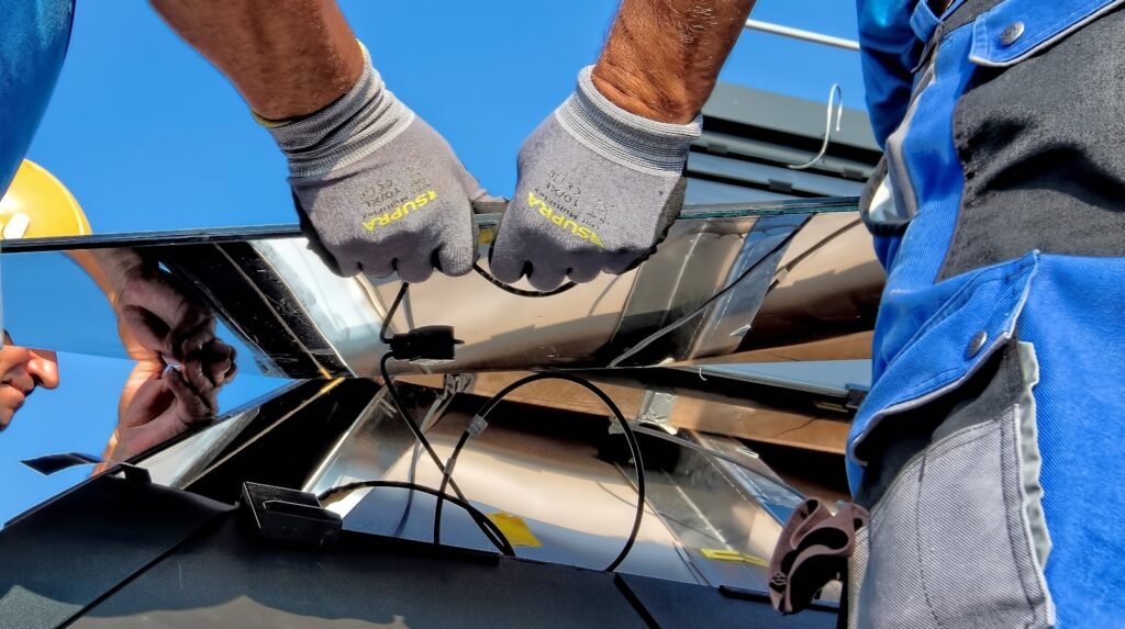 Two installers carrying a solar mounting rail across a construction site