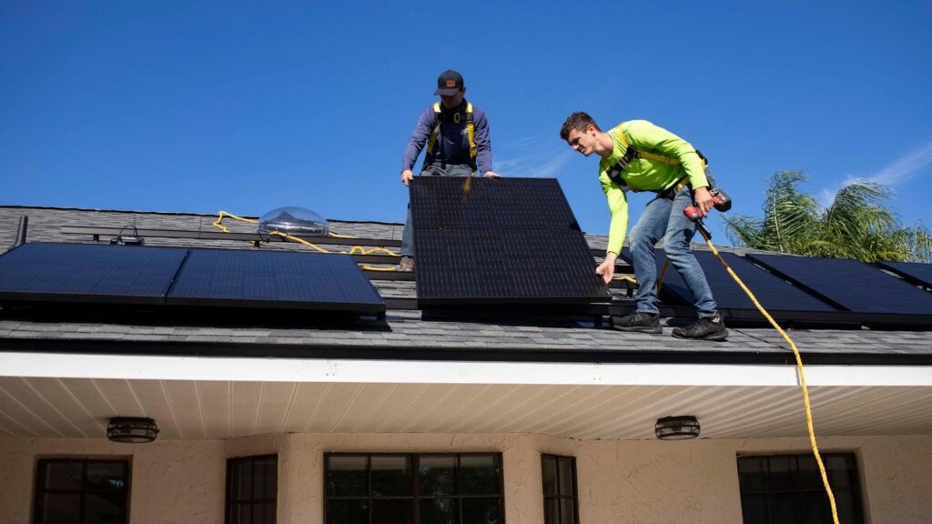 Recon Energy technicians in safety gear mounting solar modules on a commercial rooftop