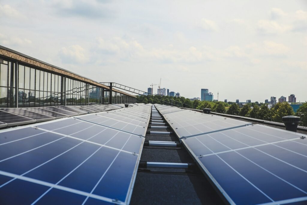Precisely aligned photovoltaic modules forming a large solar installation