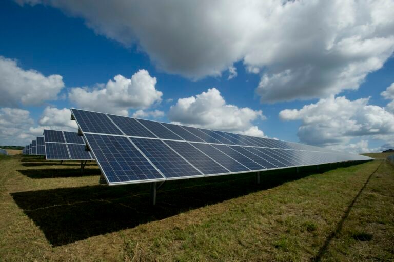 Rows of photovoltaic solar panels across an open green field at sunrise